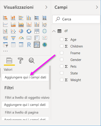Screenshot che mostra il trascinamento dei campi dati qui.