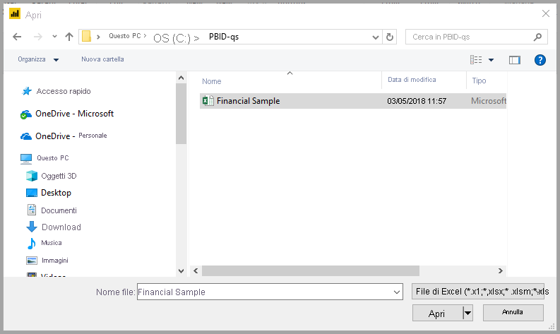 Screenshot shows a file selection dialog with Financial Sample selected.