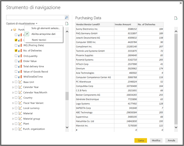 Screenshot delle opzioni di visualizzazione nella finestra Strumento di navigazione.