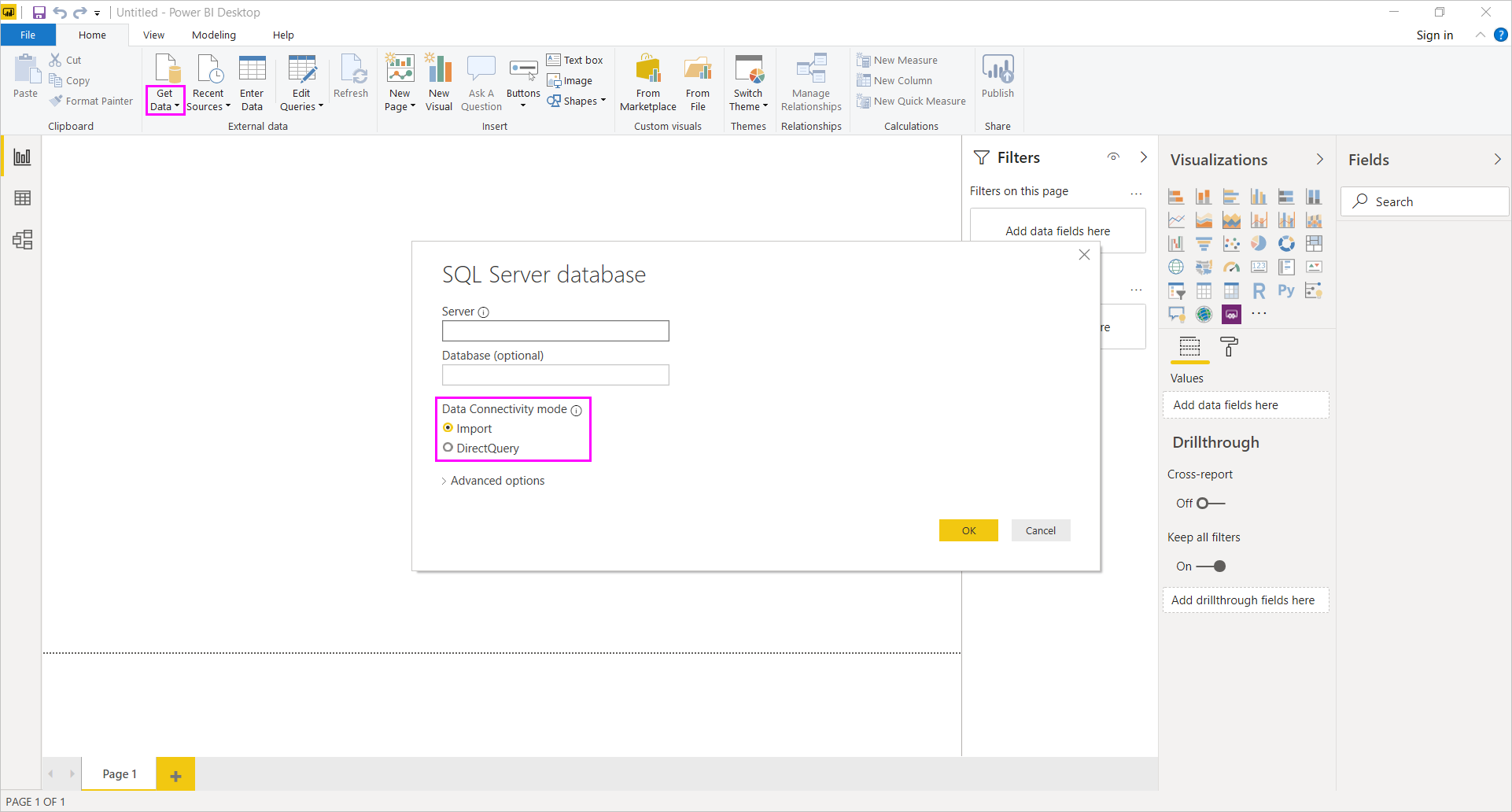 Opzioni Importa e DirectQuery, finestra di dialogo Database SQL Server, Power BI Desktop