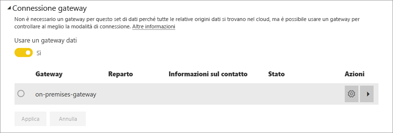 Screenshot della finestra di dialogo Connessione gateway del servizio Power BI.