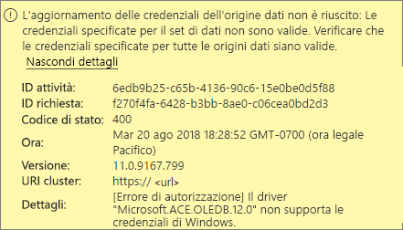 Screenshot che mostra un messaggio di errore relativo alle credenziali dell'origine dati.