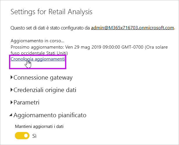 Screenshot che mostra il collegamento Cronologia aggiornamenti dei modelli semantici da selezionare.