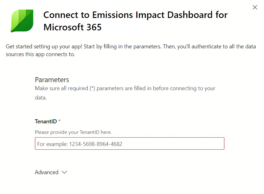 Screenshot dell'input dell'ID tenant.