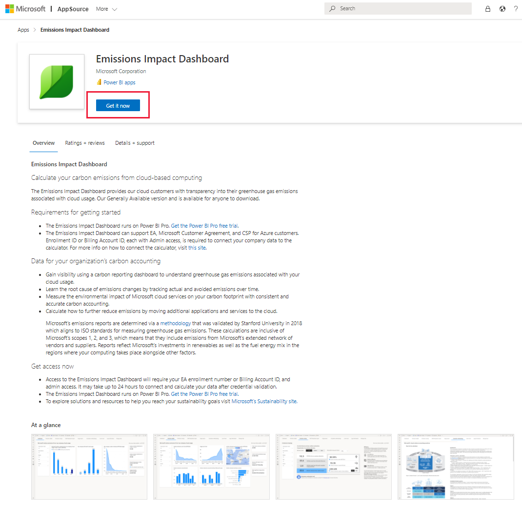 Screenshot del Dashboard di impatto delle emissioni per Azure in AppSource.