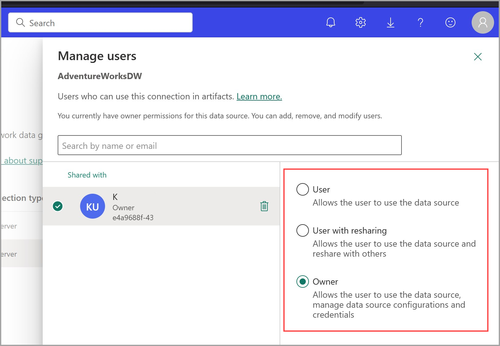 Screenshot dell'applicazione dell'autorizzazione utente a una connessione cloud condivisibile.