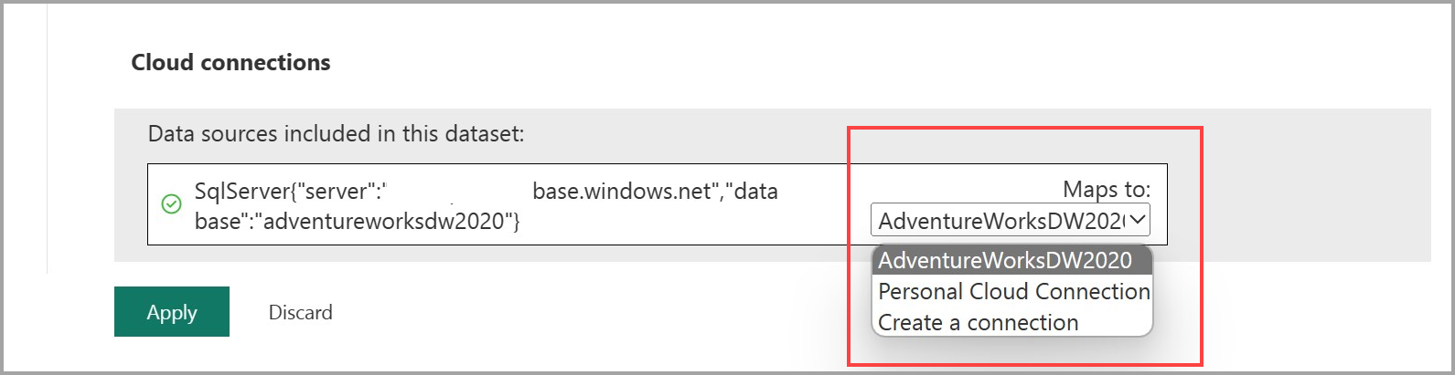 Screenshot della selezione di una connessione cloud condivisibile per un modello semantico.