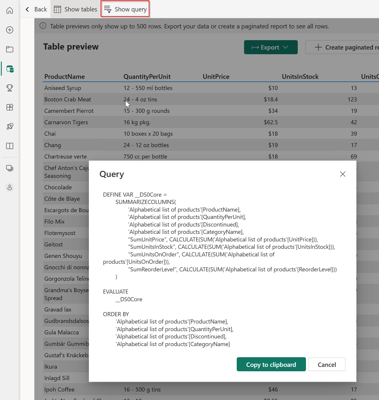 Screenshot che mostra l'anteprima della tabella con la query visualizzata.