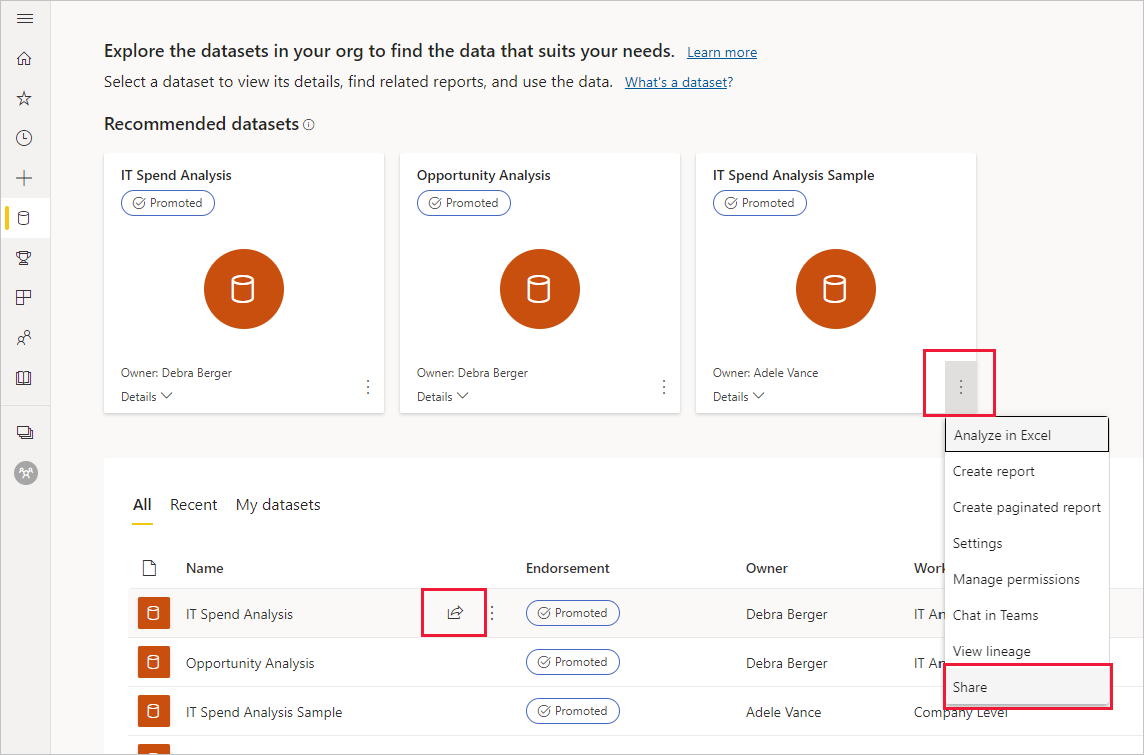 Screenshot dell'opzione condivisione dell’elemento di dati nell'hub dati.