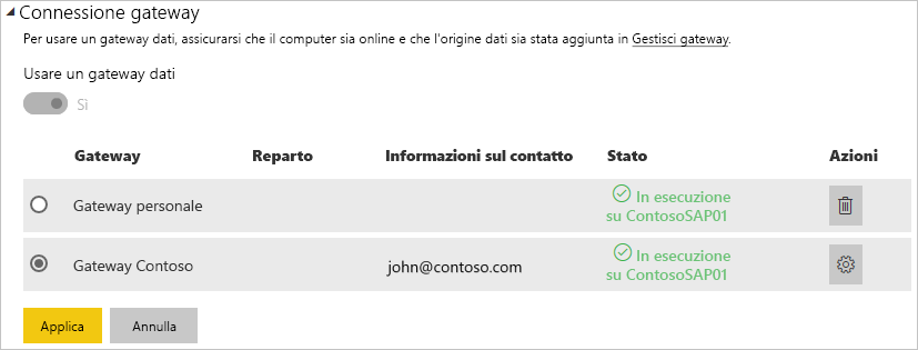 Screenshot che mostra gli utenti nella finestra di dialogo Connessione gateway.