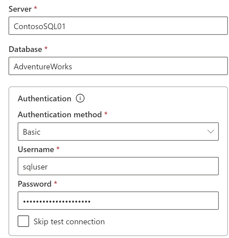 Screenshot delle credenziali per l'origine dati SQL.