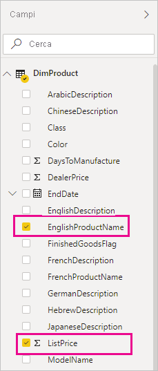 Screenshot del riquadro Campi con i campi EnglishProductName e ListPrice evidenziati.