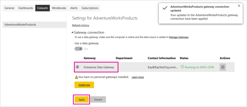 Screenshot che mostra l'applicazione della connessione gateway.