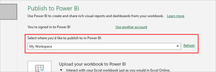 Screenshot che mostra Pubblica in Power BI con l'opzione Area di lavoro personale selezionata.