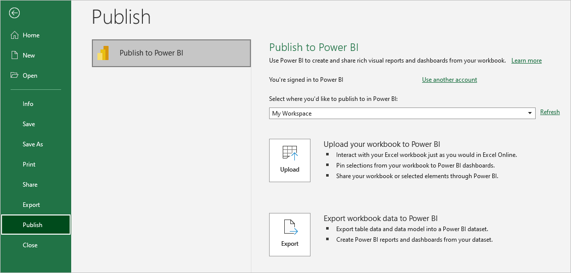 Screenshot che mostra la pubblicazione di una cartella di lavoro in Power BI in Excel.