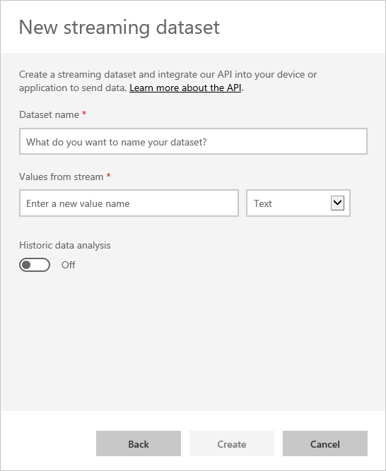 Screenshot della finestra di dialogo Nuovo modello semantico di flusso con le voci dell'API REST di Power BI per una connessione.