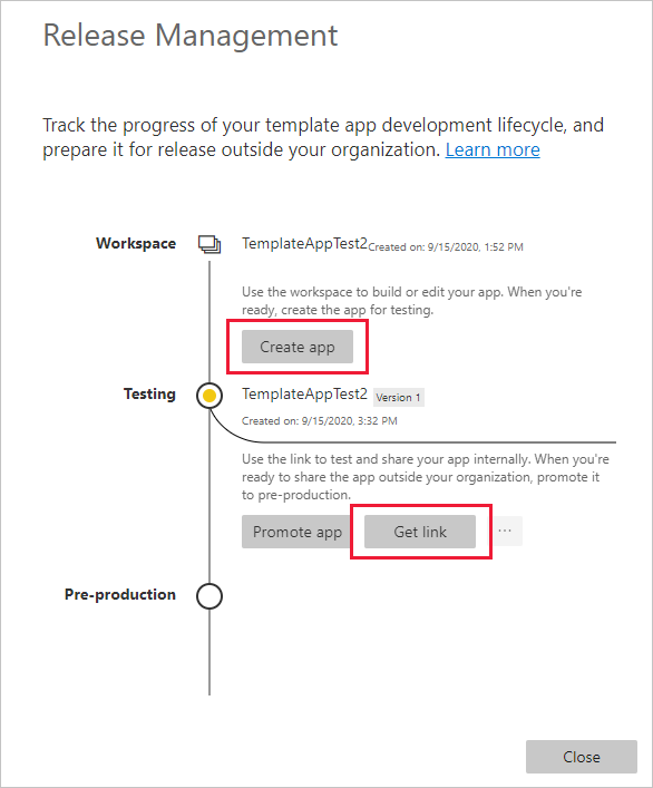 Screenshot del riquadro Release Management con evidenziazione del riquadro Ottieni collegamento.