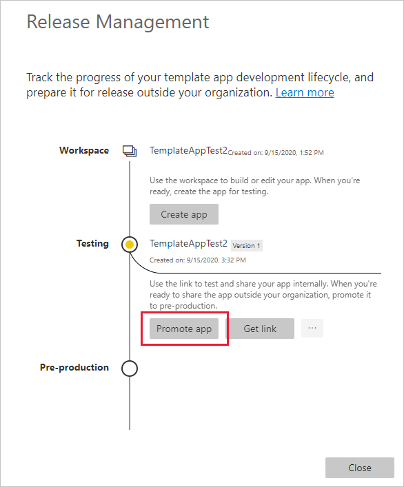 Screenshot del riquadro Release Management con evidenziazione di Alza di livello l'app.