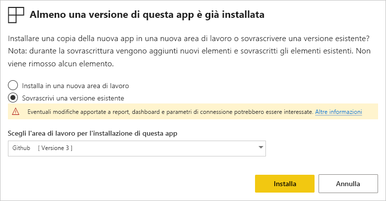 Screenshot della finestra di dialogo di aggiornamento dell'app modello.