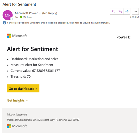Screenshot che mostra un messaggio di posta elettronica per l'avviso Avviso per il sentiment. Un collegamento nel messaggio è etichettato Vai al dashboard.