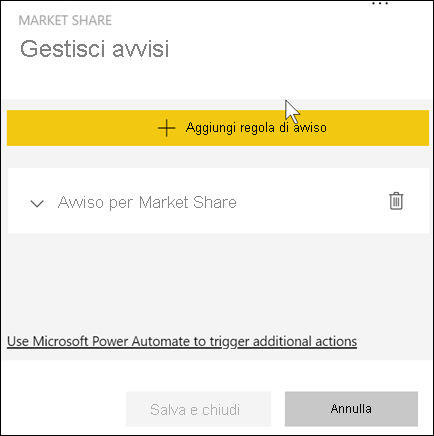 Screenshot che mostra la finestra per la gestione degli avvisi, con l'avviso Alert for Market Share visibile.