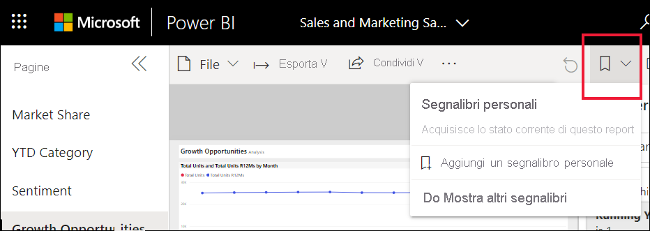 Screenshot che mostra il menu segnalibro nella barra delle azioni.