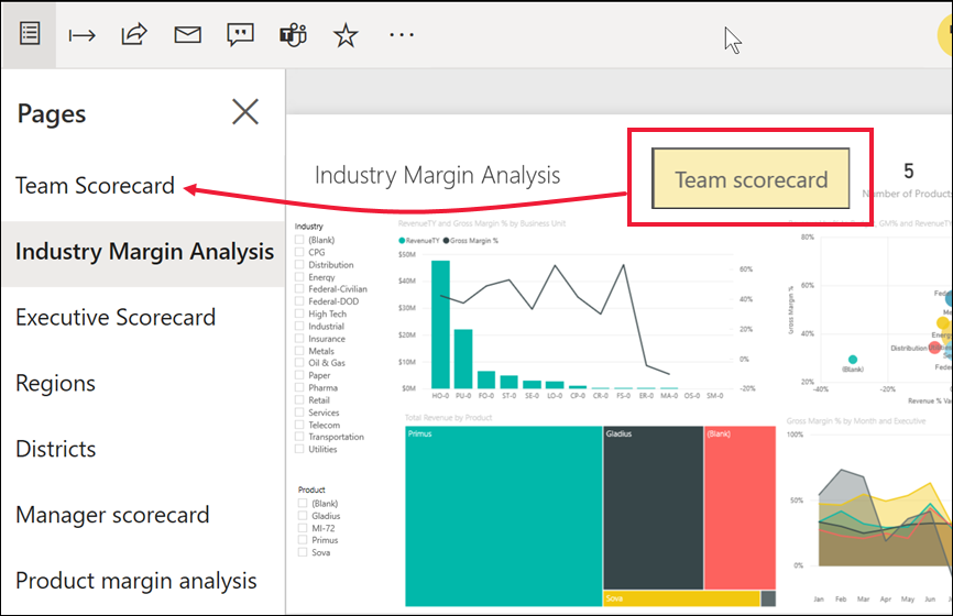 Screenshot di un report con un pulsante di spostamento pagina evidenziato che torna alla prima pagina del report.