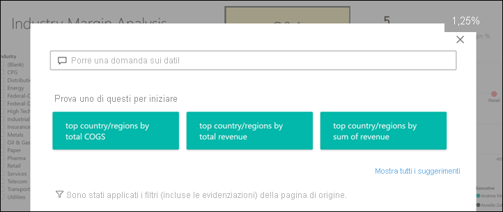 Screenshot di una finestra di Power BI Q&A Explorer aperta con domande suggerite.