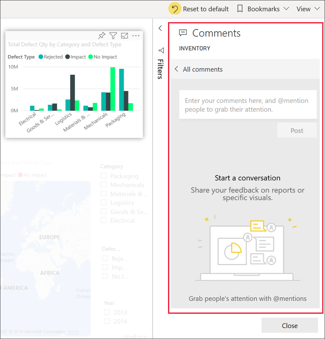 Screenshot che mostra un oggetto visivo evidenziato in un dashboard. La sezione Commenti è descritta.