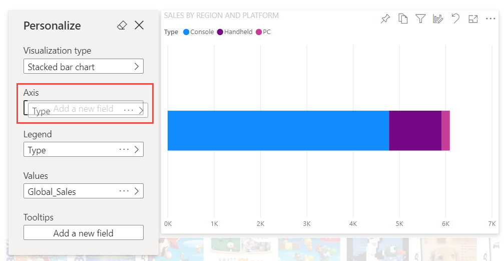 Screenshot del riquadro Personalizza con l'opzione asse evidenziata.