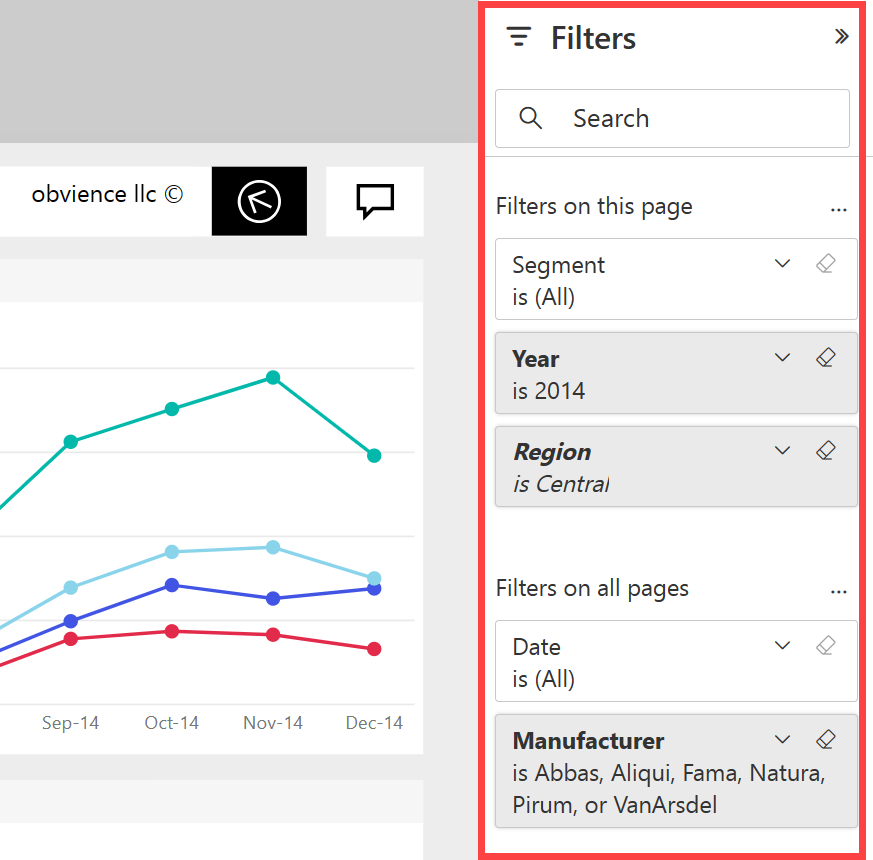 Screenshot che mostra il servizio Power BI con filtri espansi.