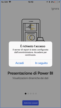 Screenshot della finestra di dialogo Accesso richiesto con il Server di report evidenziato.