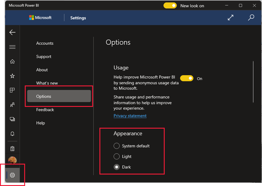 Screenshot delle impostazioni aspetto per le app di Power BI per Windows.