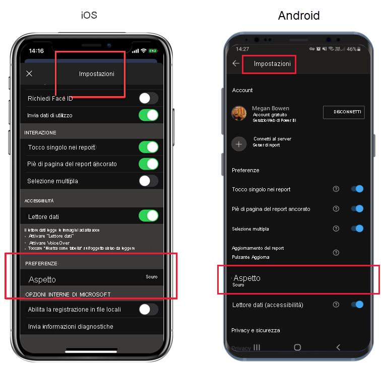Screenshot delle impostazioni aspetto per le app di Power BI per iOS e Android.