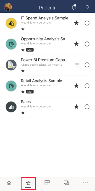 Preferiti nelle app Power BI per dispositivi mobili