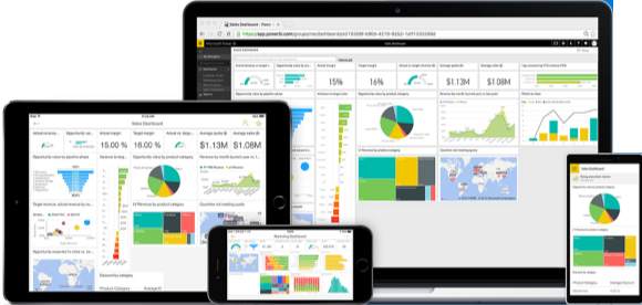 Figura che mostra vari dispositivi mobili con l'app Power BI installata.