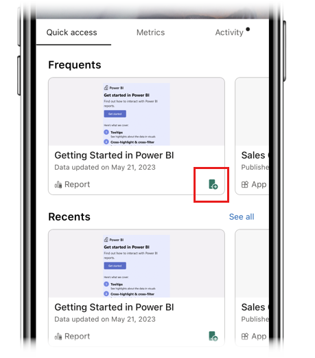 Screenshot dell'icona dell'elemento di avvio nelle app Power BI per dispositivi mobili.