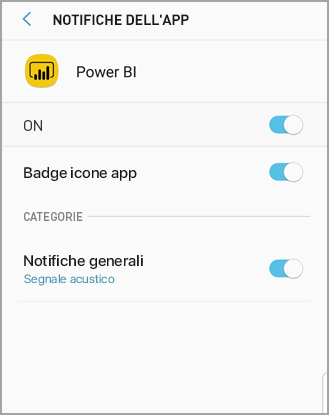 Screenshot che illustra la schermata di un telefono Android intitolata Power BI in cui è possibile consentire e gestire le notifiche.