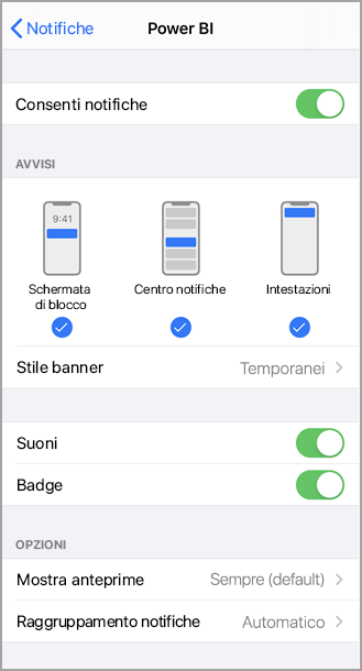 Screenshot che illustra la schermata di un iPhone intitolata Power BI in cui è possibile consentire e gestire le notifiche.