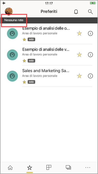 Screenshot che mostra l'app Power BI per dispositivi mobili con il messaggio 