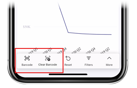 Screenshot che mostra l'icona del codice a barre attiva nella barra delle azioni del report, che indica che il filtro del codice a barre è attivo.