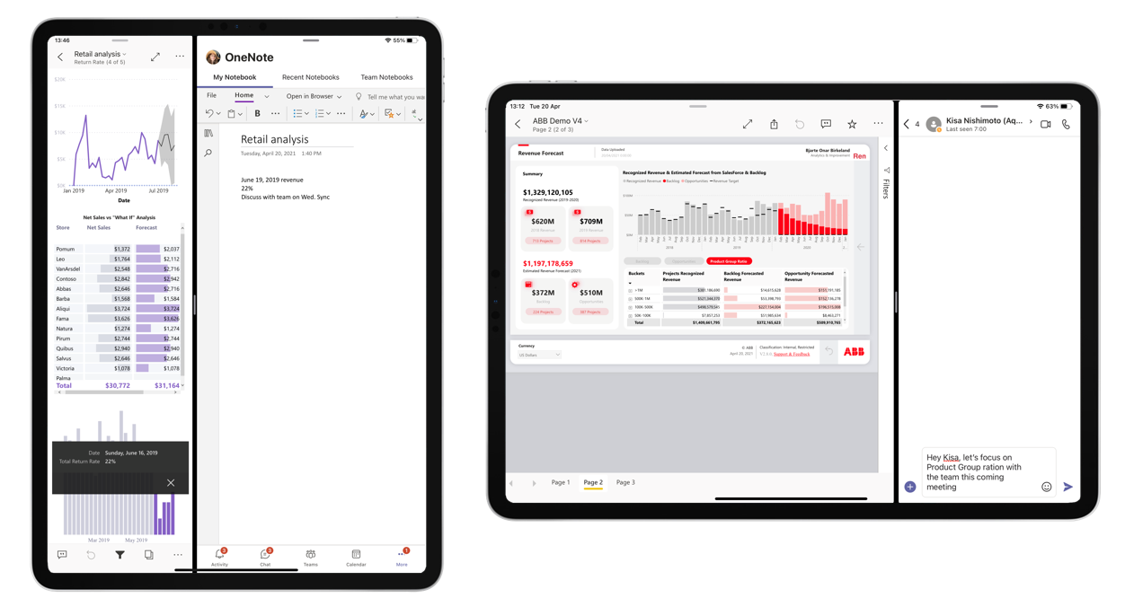 Screenshot che mostra Power BI in modalità schermo diviso.