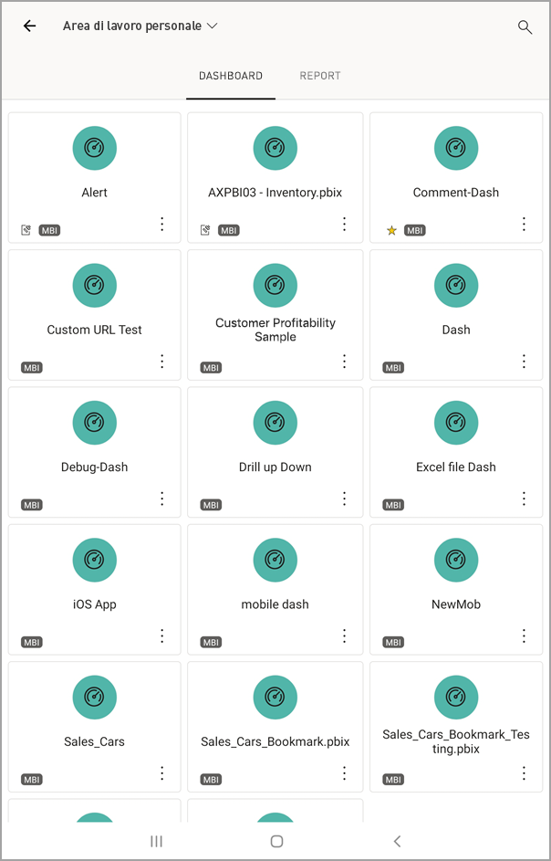 Screenshot che illustra la schermata di un tablet Android con Area di lavoro personale con l'opzione DASHBOARD selezionata.