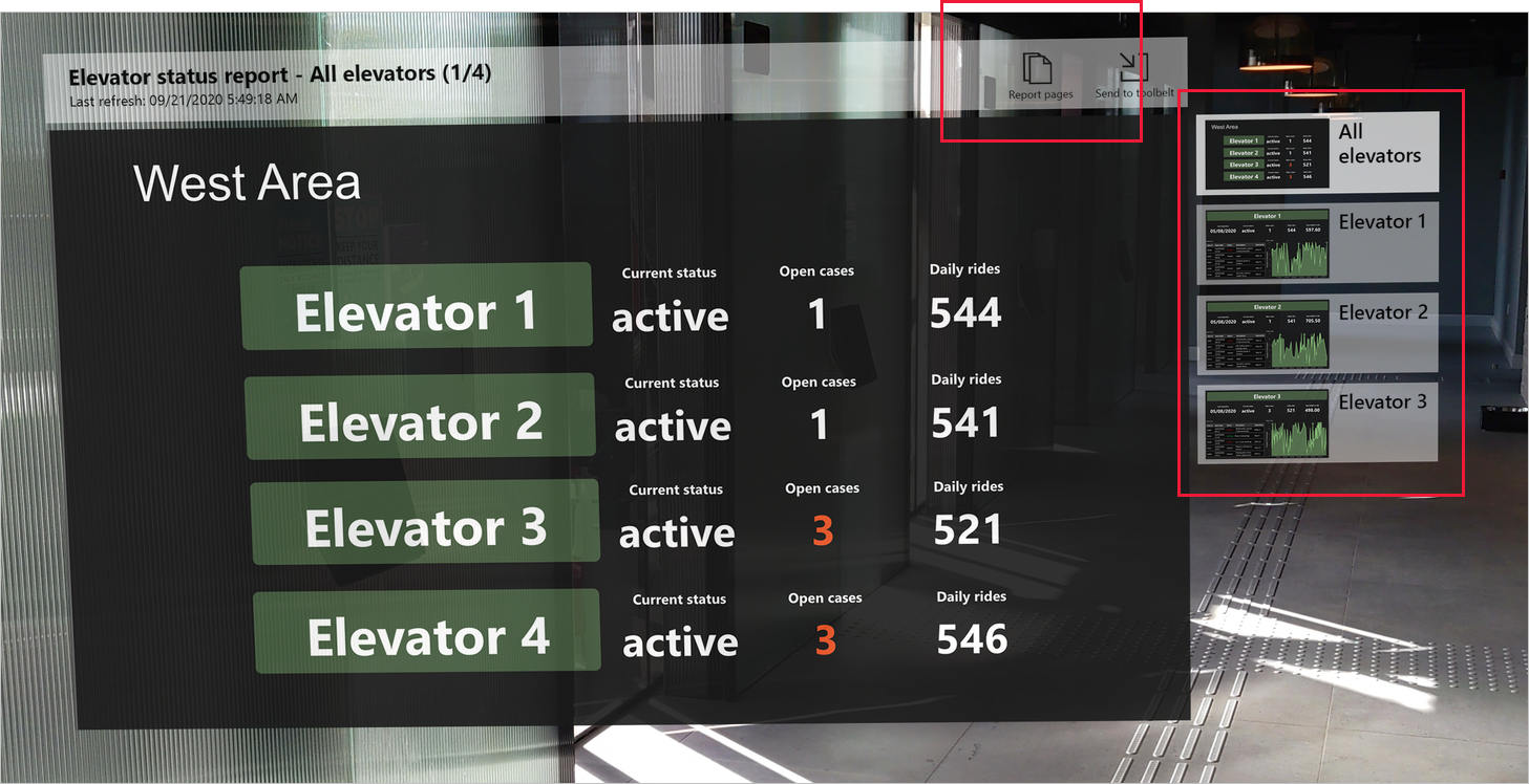 Immagine che illustra l'indice della pagina del report in Power BI per HoloLens 2