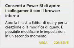 Screenshot di una finestra di dialogo, che mostra come consentire a Power BI di aprire i collegamenti con il browser interno.