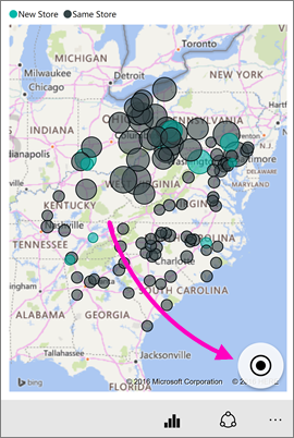 Screenshot di una mappa, che mostra l'icona Centra mappa per la posizione corrente corrispondente al Kentucky.