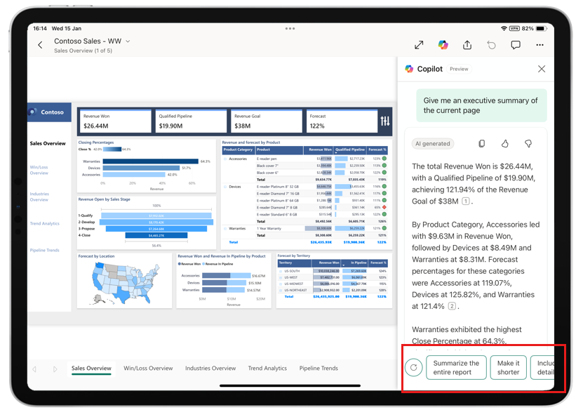 Screenshot che mostra Copilot nelle app Power BI per dispositivi mobili in un dispositivo tablet.