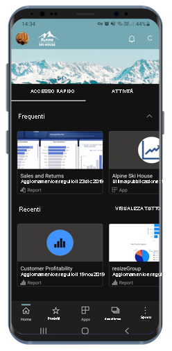 Screenshot della modalità scura nell'app per dispositivi mobili Power BI per Android.