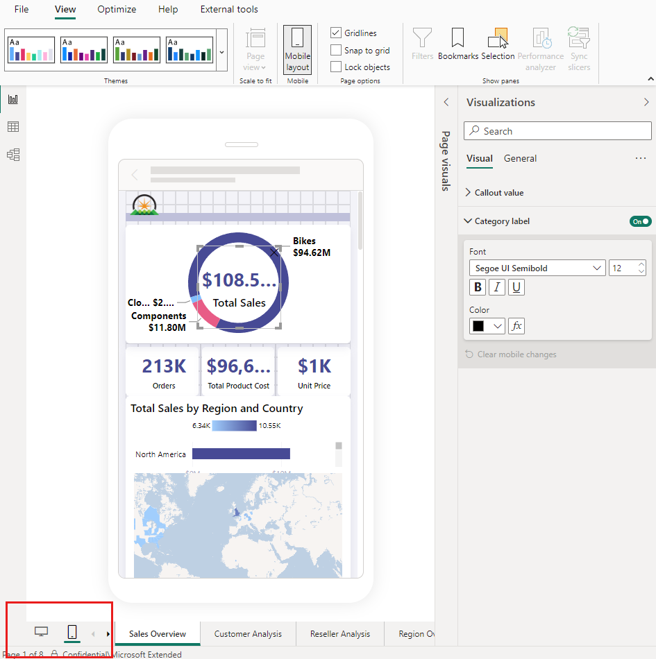 Screenshot che mostra il pulsante Switch del layout del report per dispositivi mobili.