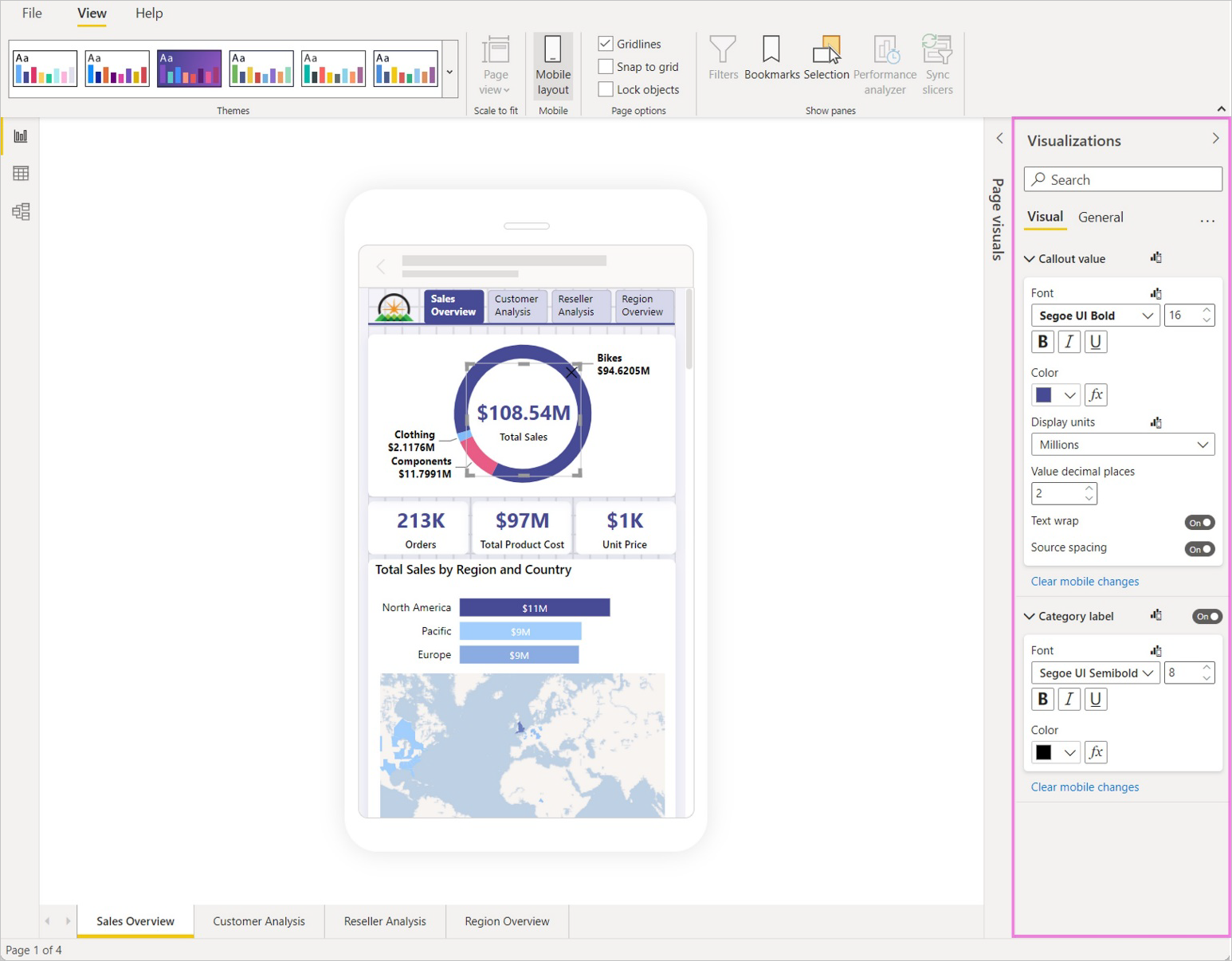 Screenshot del riquadro visualizzazioni nella vista layout di Power BI per dispositivi mobili G A.